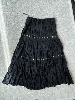 VINTAGE 90S ORIGINAL THREADS BLACK CRINKLE MAXI SKIRT 100% COTTON WOMENS MEDIUM